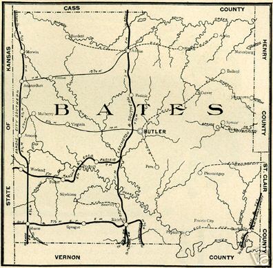 Early Map of Bates County Missouri including Butler, Rich Hill, Adrian, Foster, Hume, Rockville, Amsterdam, Amoret